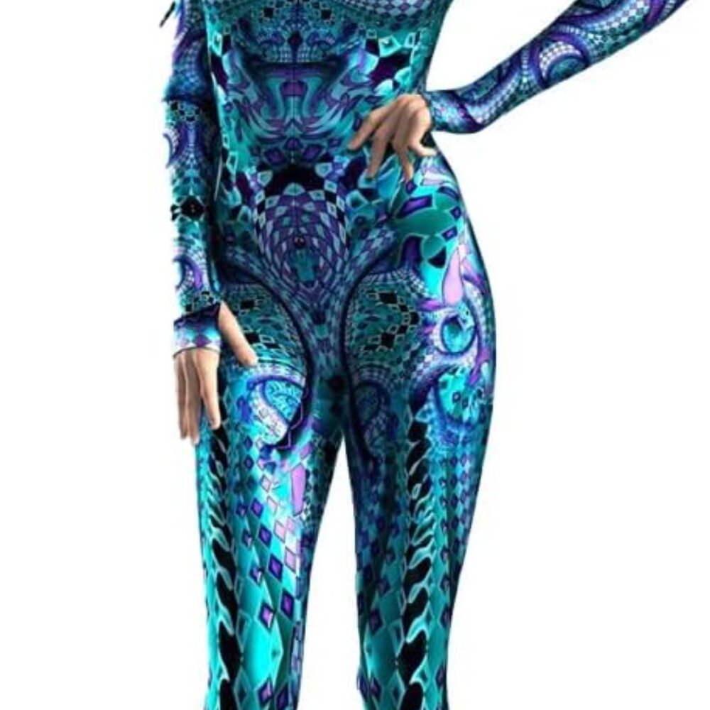 Psychedelic Blue Jumpsuit Long Sleeve Spandex Bodysuit - Women's Medium - Picture 5 of 5